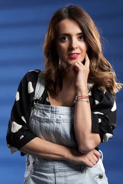 Beautiful Young Woman Denim Overalls Blue Background Studio Shot — Stock Photo, Image