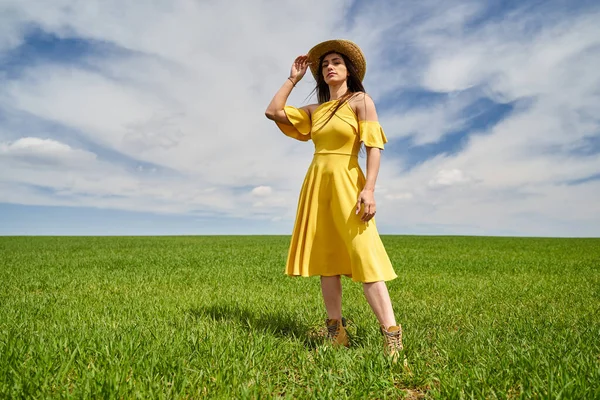 Atrakcyjna Rolniczka Żółtej Sukience Słomkowym Kapeluszu Polu Pszenicy Słoneczny Dzień — Zdjęcie stockowe