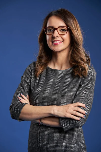 Positive Smiling Young Businesswoman Glasses Isolated Blue Background — ストック写真