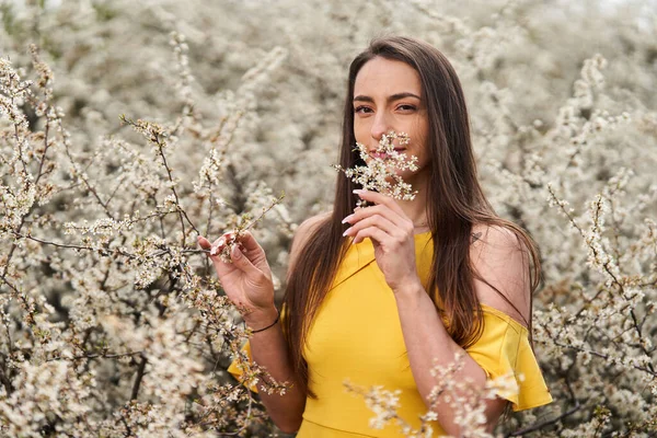 Portrait Beautiful Young Woman Yellow Dress Blackthorn Bush Late Spring — Stock fotografie