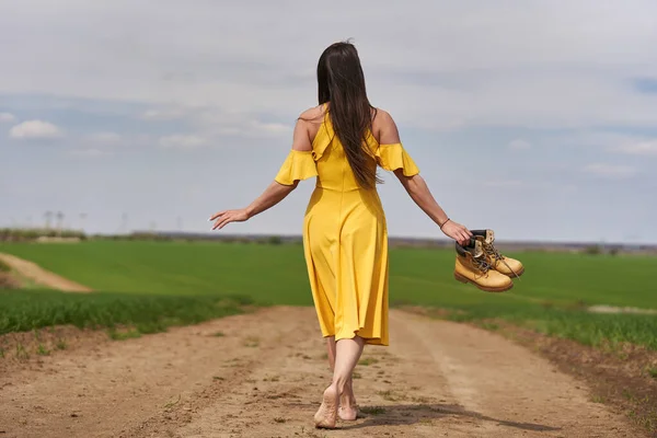 Barefoot Young Woman Yellow Dress Dirt Road Wheat Fields — 스톡 사진