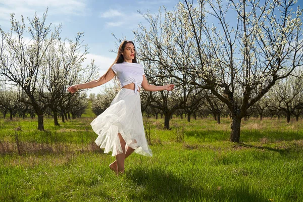 Retrato Uma Bela Mulher Caucasiana Vestido Branco Pomar Ameixa Florescendo — Fotografia de Stock