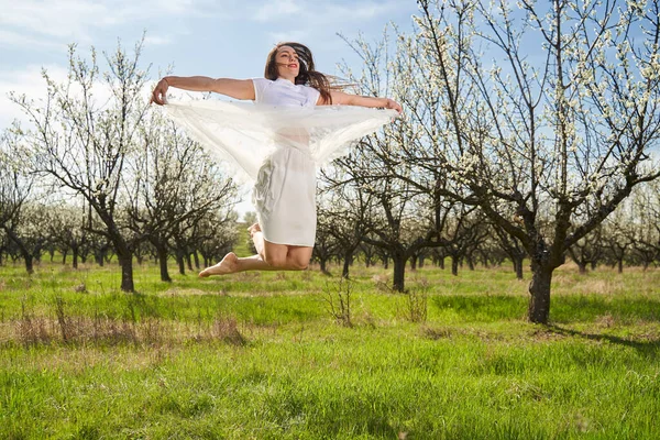 Portrait Beautiful Caucasian Woman White Dress Blooming Plum Orchard — Photo