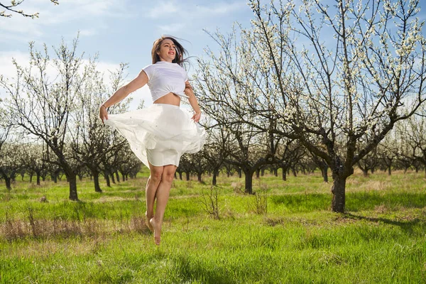 Portrait Beautiful Caucasian Woman White Dress Blooming Plum Orchard — Stock Photo, Image