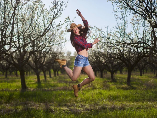 Jovem Agricultor Atraente Mulher Camisa Xadrez Jeans Curtos Pomar Ameixa — Fotografia de Stock