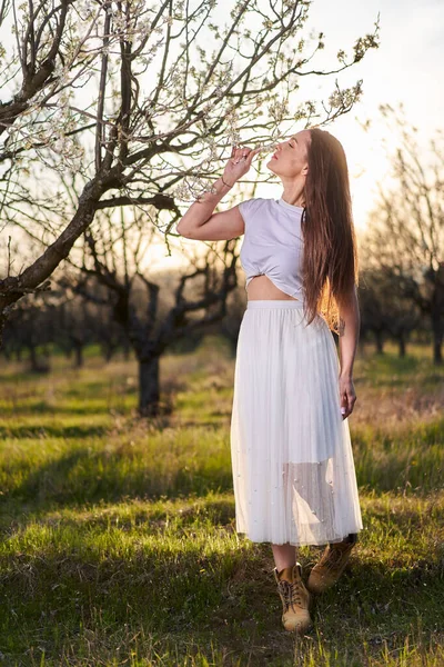 Portrait Beautiful Caucasian Woman White Dress Blooming Plum Orchard — Photo