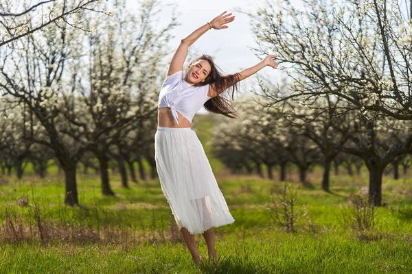 Portrait Beautiful Caucasian Woman White Dress Blooming Plum Orchard — Stock Photo, Image