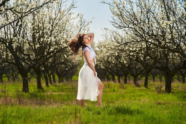 梅の果樹園で白いドレスを着た美しい白人女性の肖像画 — ストック写真