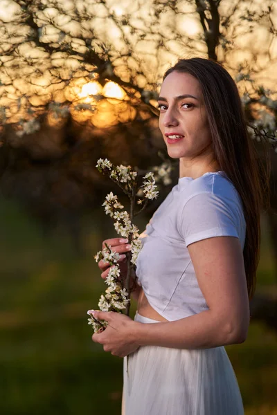 Porträtt Vacker Kaukasiska Kvinna Vit Klänning Blommande Plommon Fruktträdgård — Stockfoto