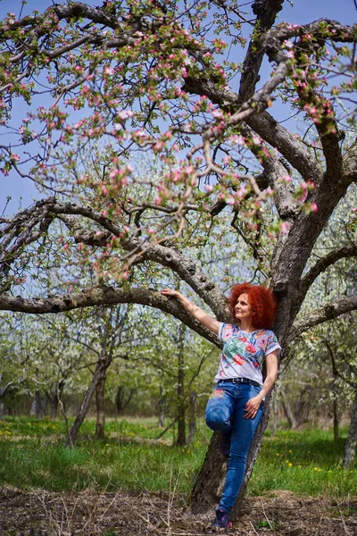 Curly Redhead Farmer Woman Her Apple Garden Full Bloom — Photo