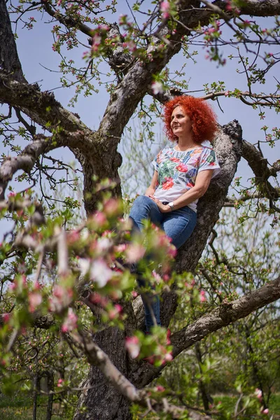 Göndör Vörös Hajú Farmer Almakertjében Teljes Virágzásban — Stock Fotó