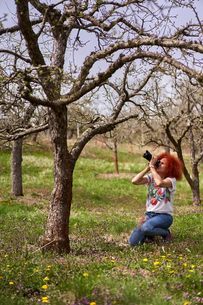 红头发卷曲的摄影师妇女拍摄乡村生活方式和风景 — 图库照片