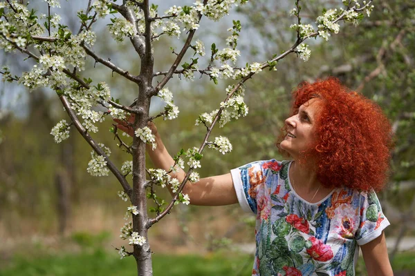 Kıvırcık Saçlı Çiçek Desenli Tişörtlü Erik Ağaçları Bahçesindeki Kızıl Saçlı — Stok fotoğraf