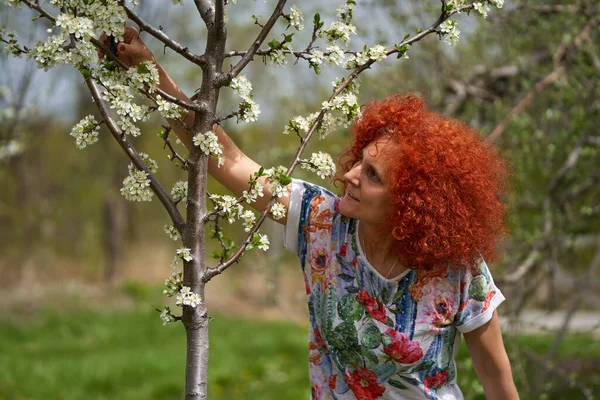 Kıvırcık Saçlı Çiçek Desenli Tişörtlü Erik Ağaçları Bahçesindeki Kızıl Saçlı — Stok fotoğraf