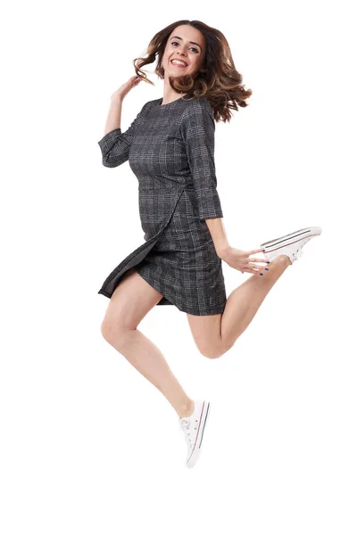 Süper Mutlu Genç Başarılı Kadını Mutluluktan Zıplıyor Beyaz Arka Planda — Stok fotoğraf