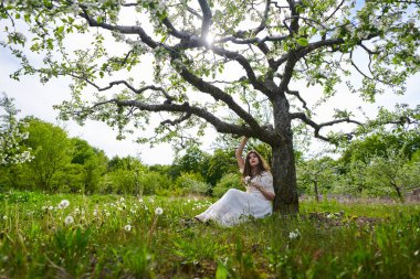 Elma bahçesinde uzun elbiseli güzel bir kadın.