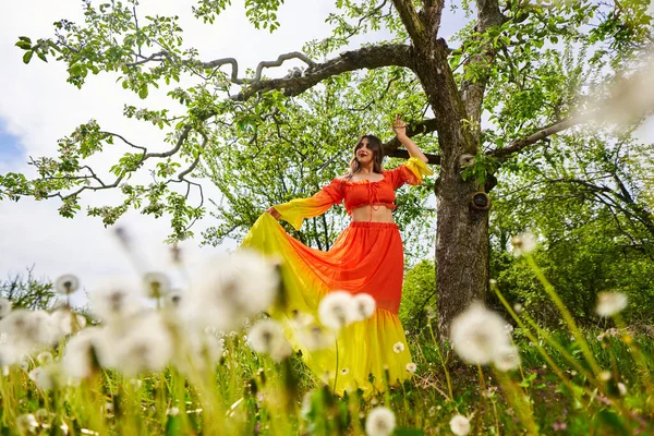 Krásná Mladá Indická Žena Dlouhých Oranžových Šatech Jablečném Sadě — Stock fotografie