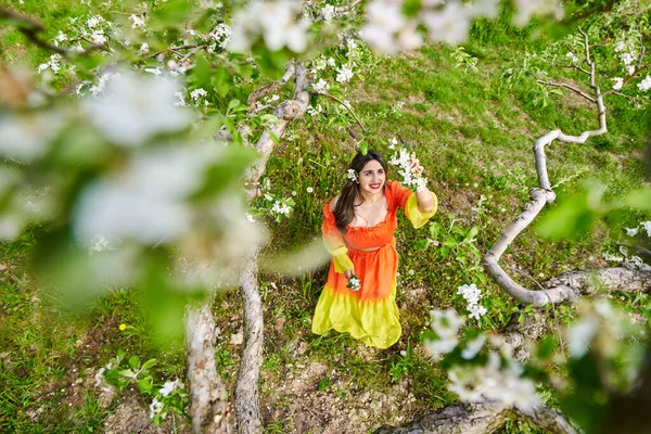 Elma Bahçesinde Uzun Turuncu Elbiseli Güzel Bir Hintli Kadın — Stok fotoğraf