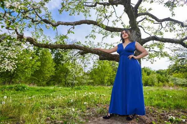 Mulher Indiana Jovem Bonita Vestido Azul Longo Pomar Maçã — Fotografia de Stock