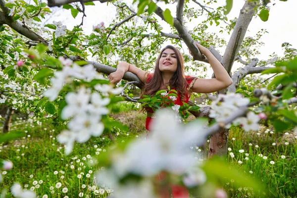 在苹果园里穿着印第安传统服装的年轻漂亮的女人 — 图库照片