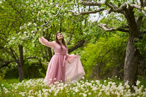 Belle Jeune Femme Robe Longue Dans Verger Pommes — Photo