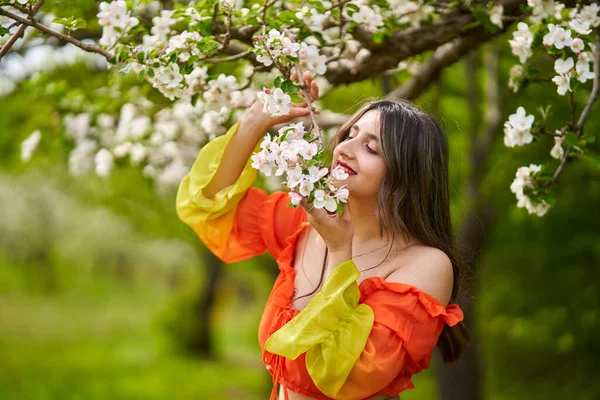 美しい若いですインディアン女性で長いオレンジドレスでリンゴ園 — ストック写真