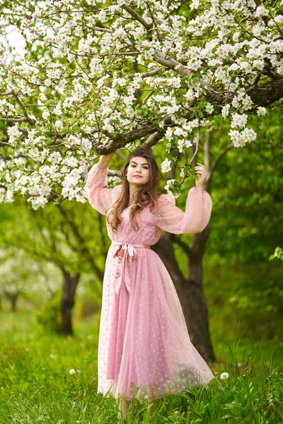 Красива Молода Жінка Довгій Сукні Яблучному Саду — стокове фото