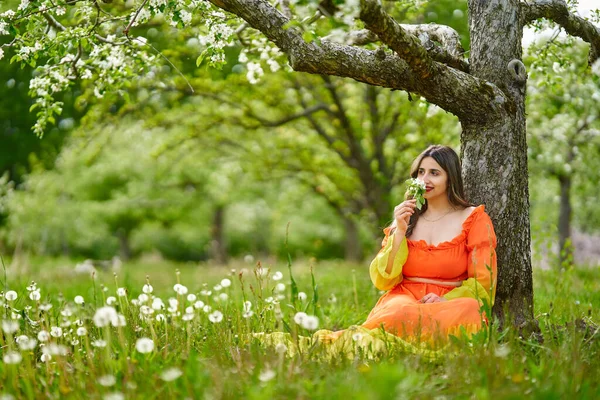 Hermosa Mujer India Joven Vestido Largo Naranja Huerto Manzanas —  Fotos de Stock