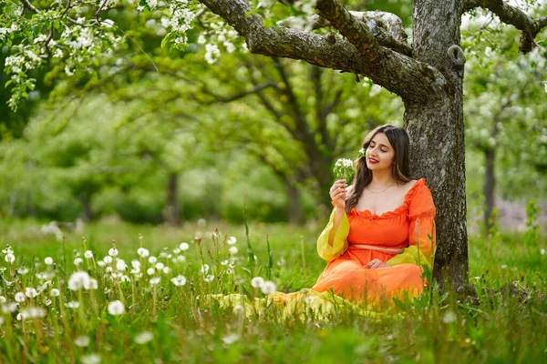 Hermosa Mujer India Joven Vestido Largo Naranja Huerto Manzanas — Foto de Stock