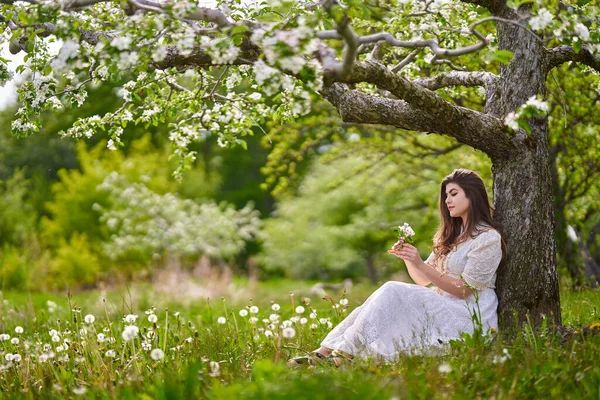 Belle Jeune Femme Robe Longue Dans Verger Pommes — Photo