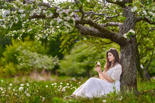 Mooie Jonge Vrouw Lange Jurk Een Appel Boomgaard — Stockfoto