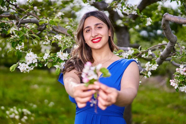在苹果园里穿着蓝色长裙的年轻漂亮的印度女人 — 图库照片