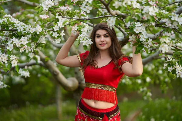リンゴ園でインドの伝統的なドレスを着た美しい若い女性 — ストック写真