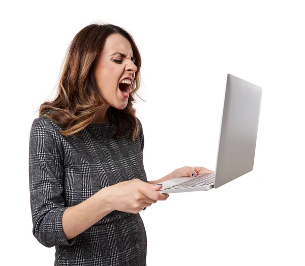 Extremely Frustrated Angry Young Businesswoman Holding Her Laptop Isolated White — Stock Photo, Image