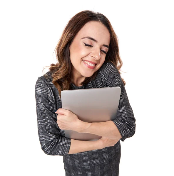 Gelukkig Jong Zakenvrouw Met Haar Lieve Laptop Geïsoleerd Witte Achtergrond — Stockfoto