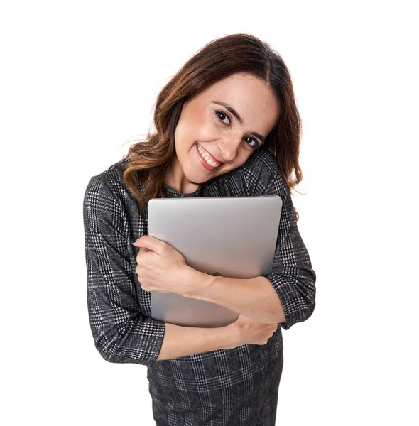 Jovem Empresária Feliz Segurando Seu Querido Laptop Isolado Fundo Branco — Fotografia de Stock