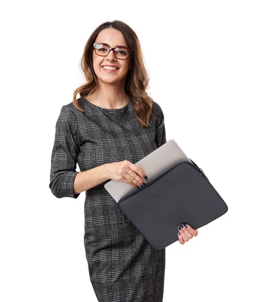 Gelukkig Succesvol Jong Zakenvrouw Met Haar Laptop Geïsoleerd Witte Achtergrond — Stockfoto