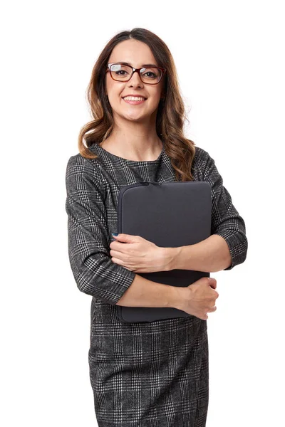 Glückliche Erfolgreiche Junge Geschäftsfrau Hält Ihren Laptop Isoliert Auf Weißem — Stockfoto