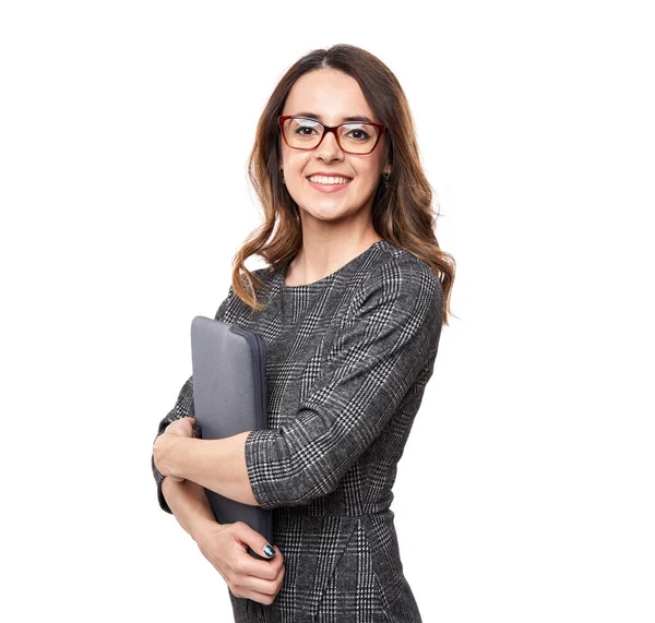 Feliz Éxito Joven Empresaria Sosteniendo Portátil Aislado Sobre Fondo Blanco — Foto de Stock