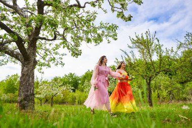 Hint ve beyaz soyundan iki kadın, melez ırk, el ele yürüyorlar çiçek açan bir elma bahçesinde