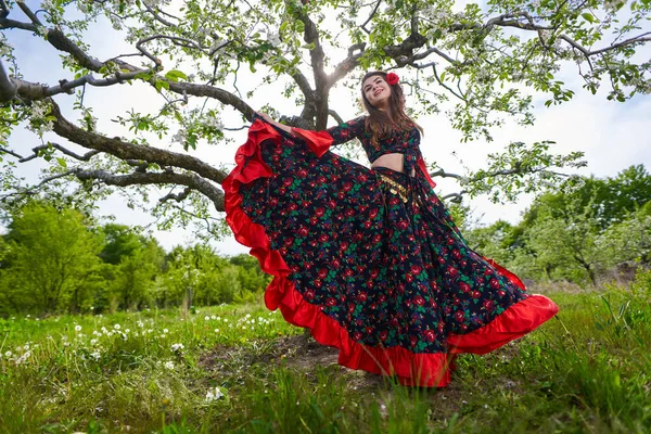 Νεαρή Γυναίκα Παραδοσιακό Τσιγγάνικο Φόρεμα Χορεύει Ένα Περιβόλι Μήλα — Φωτογραφία Αρχείου