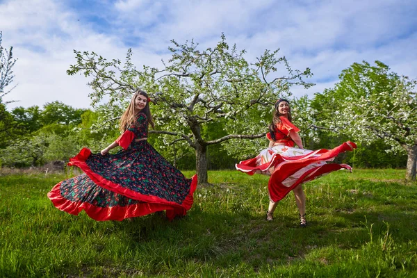 Two Young Women Traditional Gypsy Costume Dancing Flowering Apple Orchard — Stock Photo, Image