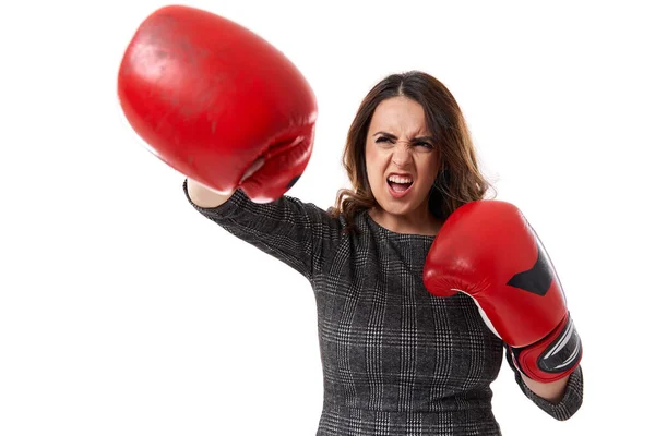 Young Caucasian Businesswoman Red Boxing Gloves Fighting Spirit Isolated White — Stock Photo, Image