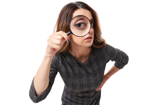 Closeup Businesswoman Looking Camera Magnifier — Stock Photo, Image