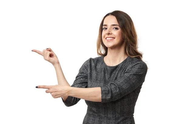 Empresária Feliz Apontando Para Lado Imagem Sorrindo — Fotografia de Stock