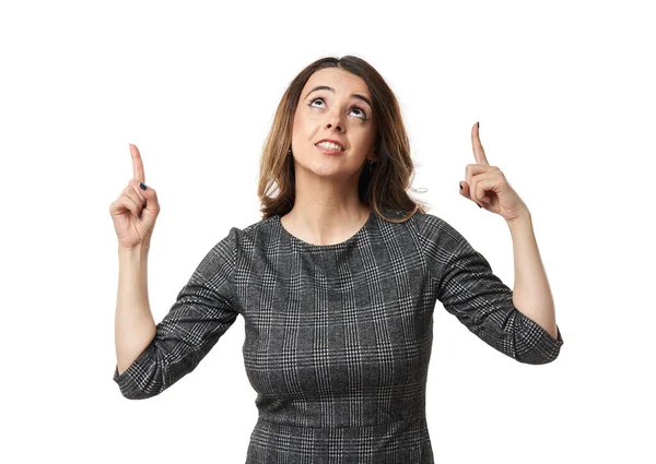 Mujer Negocios Feliz Señalando Mirando Hacia Arriba Aislado Sobre Fondo —  Fotos de Stock