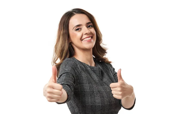 Ευτυχισμένη Νεαρή Επιχειρηματίας Δείχνει Αντίχειρες Επάνω Πινακίδα Απομονώνονται Λευκό Φόντο — Φωτογραφία Αρχείου