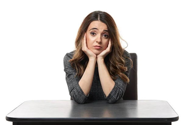 Young Woman Facial Expression Boredom Sitting Her Desk Face Her — Stock Photo, Image