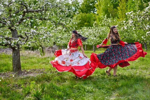 開花リンゴの果樹園で踊る伝統的なジプシーの衣装の2人の若い女性 — ストック写真