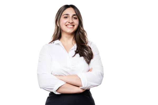Nahaufnahme Einer Glücklich Lächelnden Indischen Geschäftsfrau Isoliert Auf Weißem Hintergrund — Stockfoto